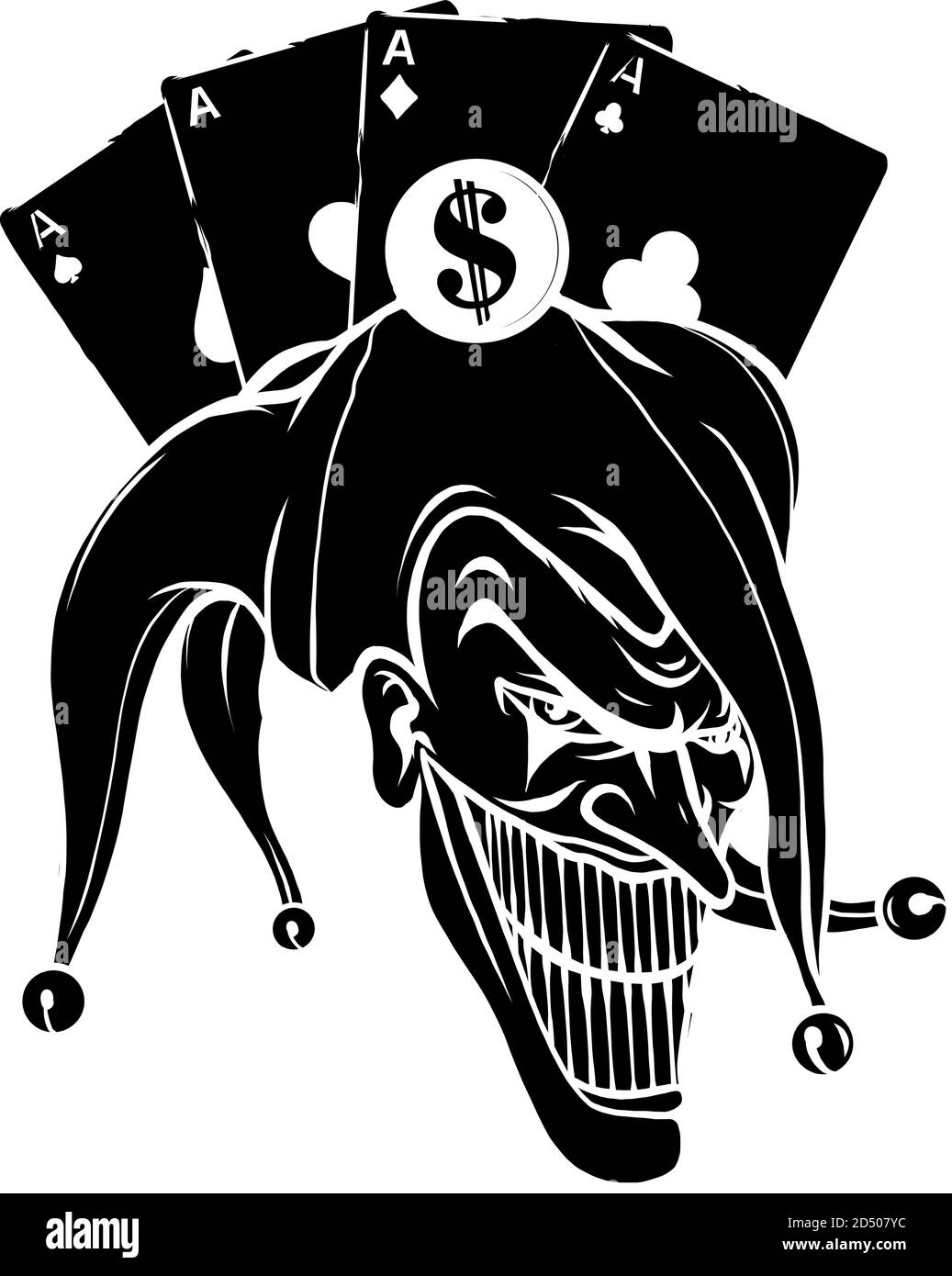 Joker. Angry jester in the cap. black silhouette tattoo illustration Stock Vector
