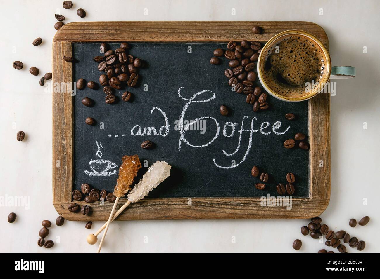 Cup Of Espresso Coffee Sugar Sticks And Coffee Beans On Vintage Chalkboard With Lettering Over White Marble Background Flat Lay Space Stock Photo Alamy