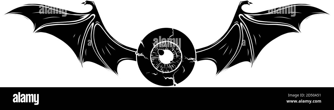 Tattoo design of a flying eyeball with wings. black silhouette Stock Vector