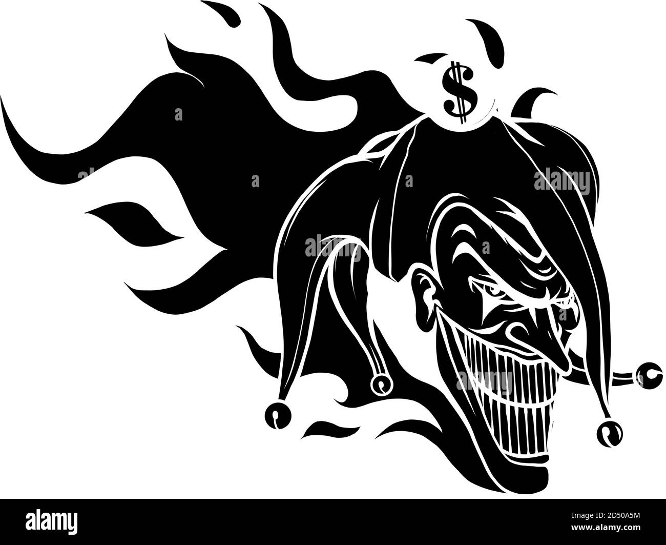 Crazy creepy joker face. Angry clown with evil smile on the face. black silhouette Stock Vector