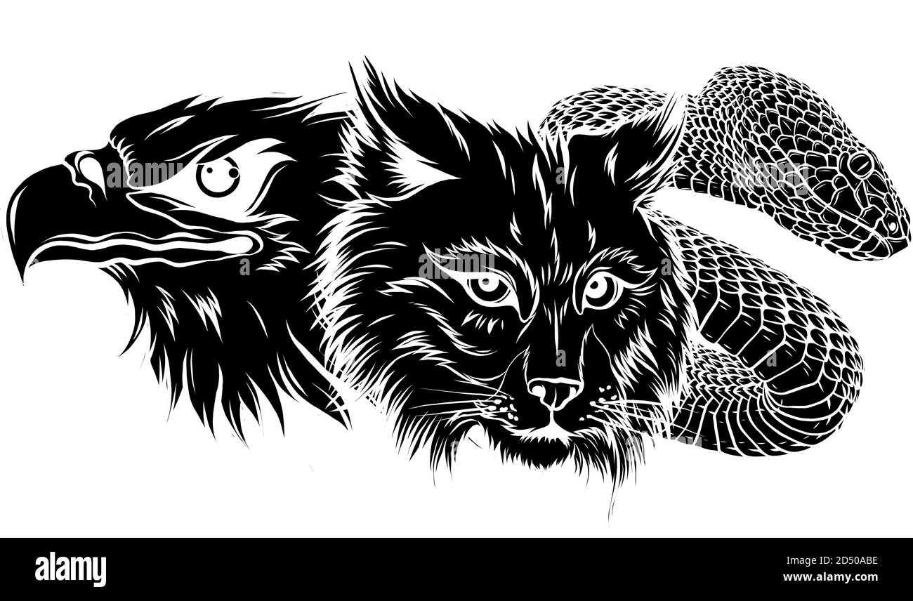 vector image of snake lynx egle for tattoo design black silhouette Stock Vector