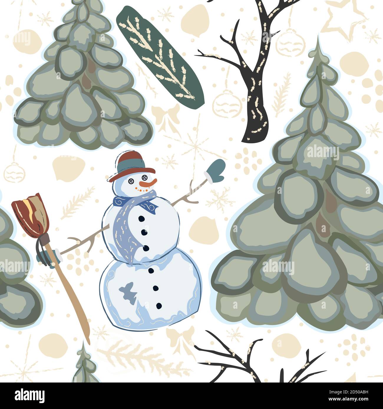 Colorful Seamless Winter Pattern with cute Snowman and Spruce Trees ...