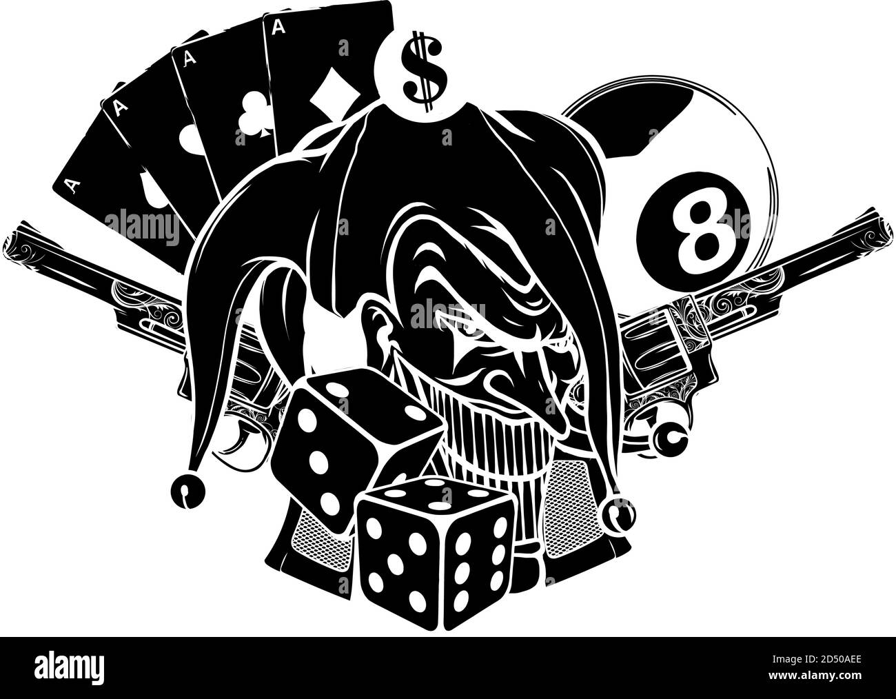 Joker card with gun and ace. vector illustration black silhouette Stock Vector