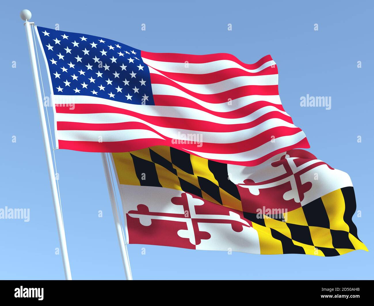Two waving state flags of United States and Maryland state on the blue ...