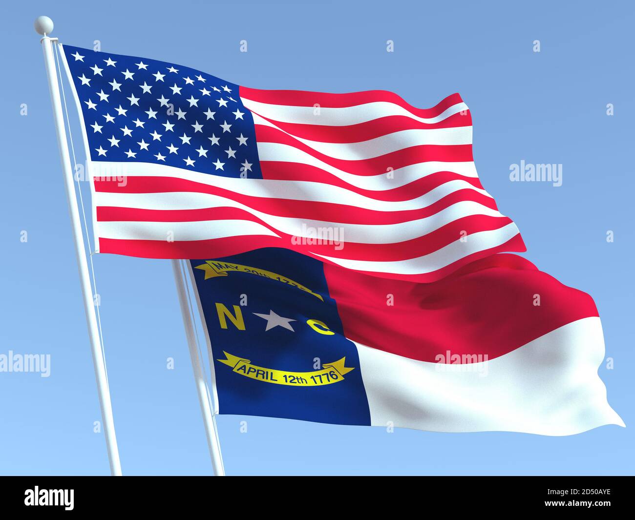 Two waving state flags of United States and North Carolina state on the ...