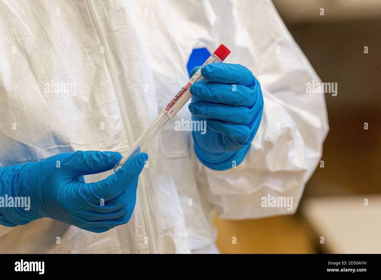 Bad Essen, Germany October 11, 2020: Corona outbreak - Vitalis Wohnpark Bad Essen Health Department is testing in Bad Essen after the Corona outbreak in the Vitalis Wohnpark. Corona test, feature / symbol / symbol photo / characteristic / detail / | usage worldwide Stock Photo