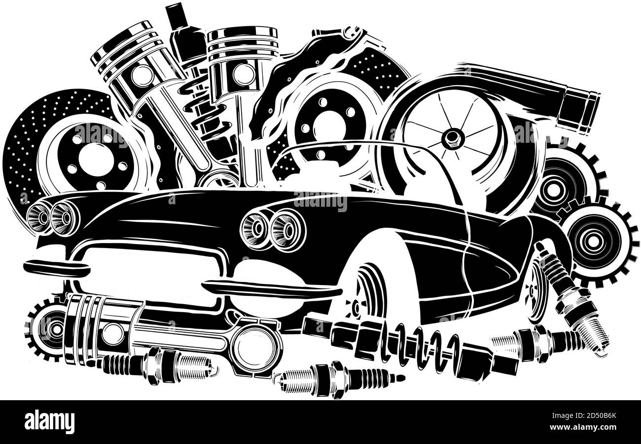 Vector illustration of Car Spares Frame and parts black silhouette Stock Vector