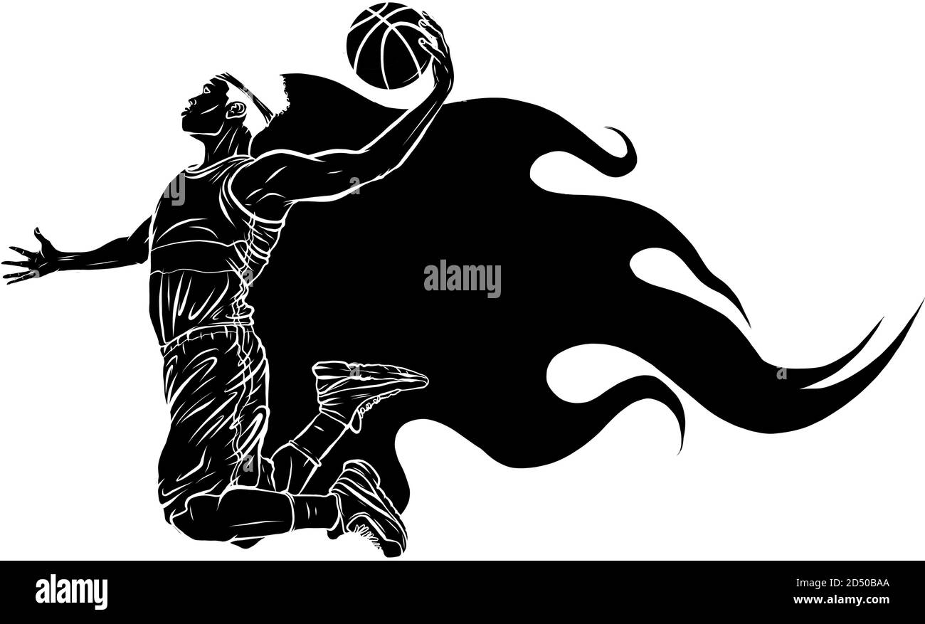black silhouette Digital illustration painting of a basketball player vector Stock Vector