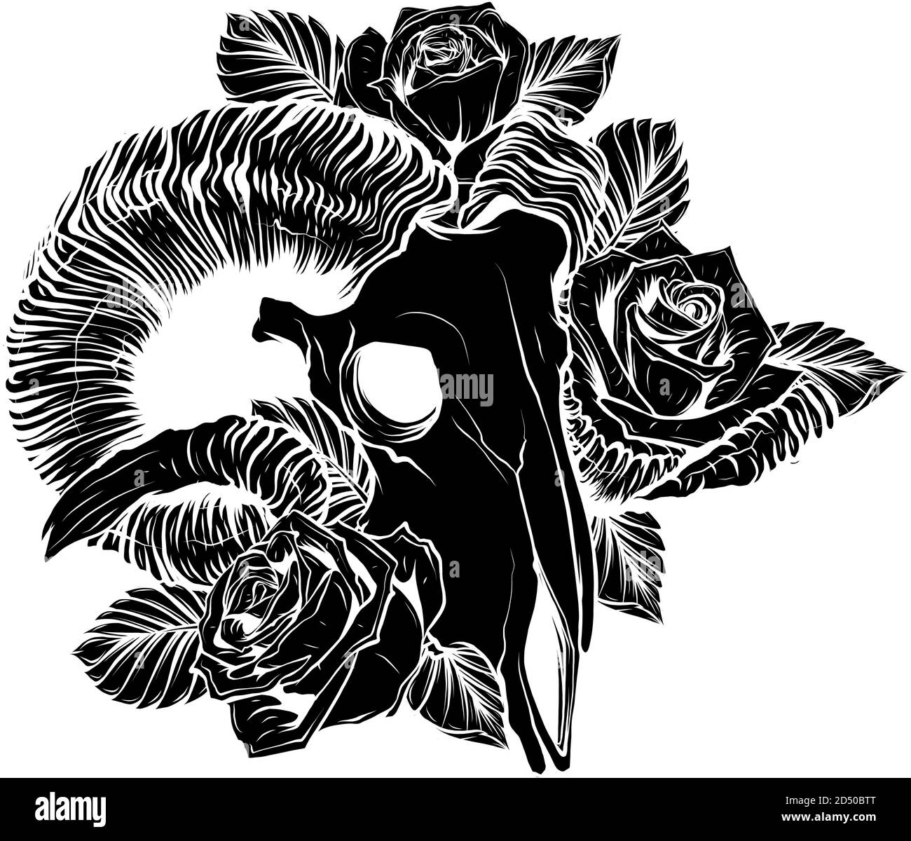 black silhouette Skull of goat with big horns line art isolated hand drawn tattoo sketch stock vector illustration Stock Vector