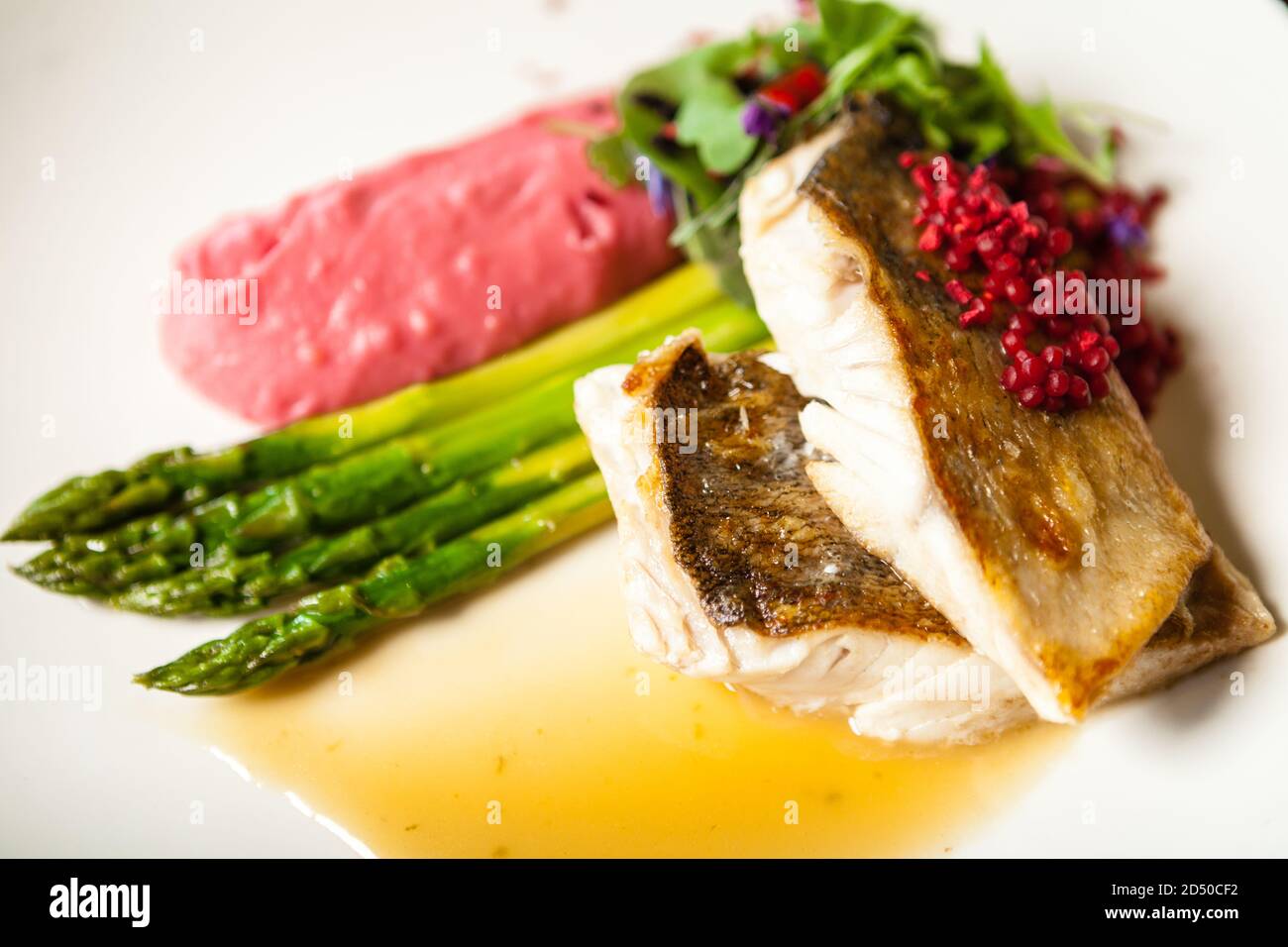 Pike-perch fillet. Asparagus, pearl couscous, white wine sauce, beet-flavored mashed potatoes. Delicious seafood fish closeup served on a table for Stock Photo