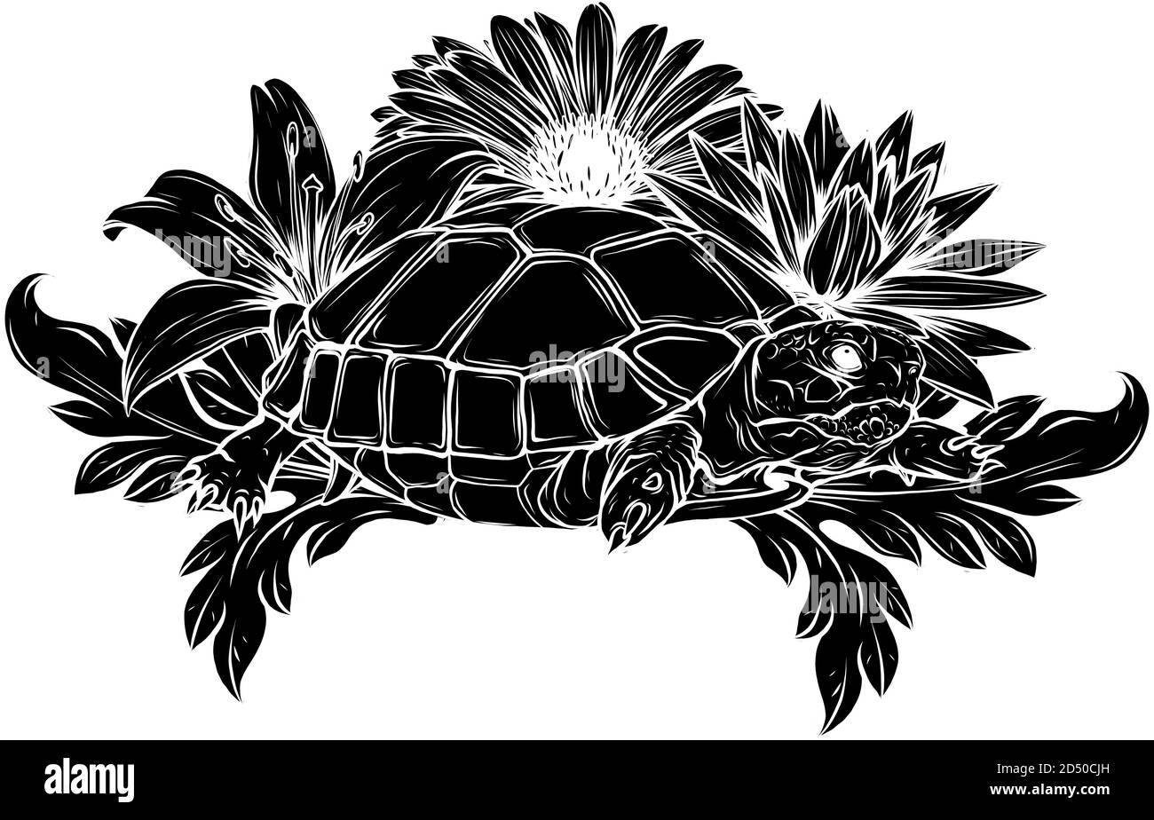 black silhouette Land turtle in the jungle vector illustration Stock Vector