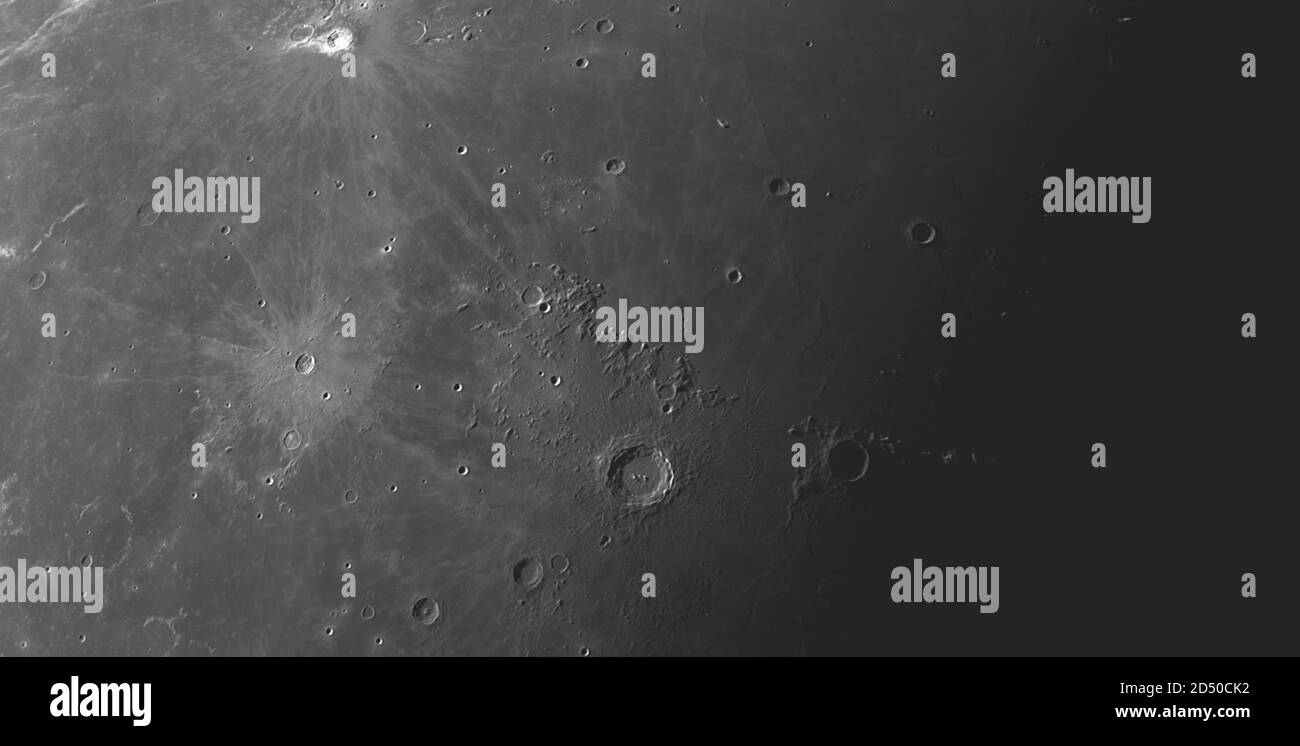 London, UK. 10 October 2020. Detailed images of the Moon are captured in very clear sky with no light pollution before dawn, and before clouds roll in after sunrise. Image: Crater Copernicus is bordered to the north by the Montes Carpatus mountain range with crater Eratosthenes towards right and Mare Imbrium above with the smaller crater Pytheus. Crater Kepler to left of frame with a large system of rays. Credit: Malcolm Park/Alamy Stock Photo