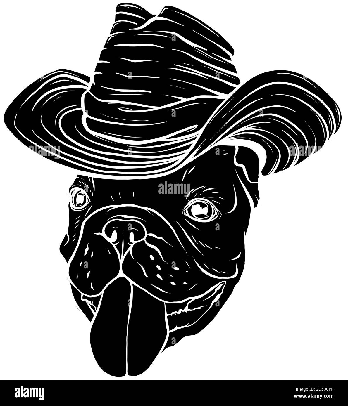black silhouette pug in cowboy s hat vector illustration graphics Stock Vector