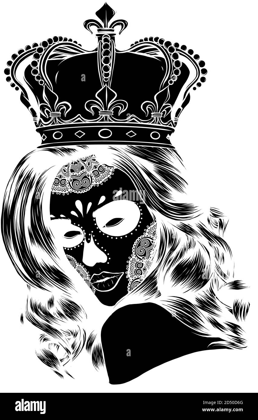 black silhouette Queen of death. Portrait of a skull with a crown and long hair. vector Stock Vector