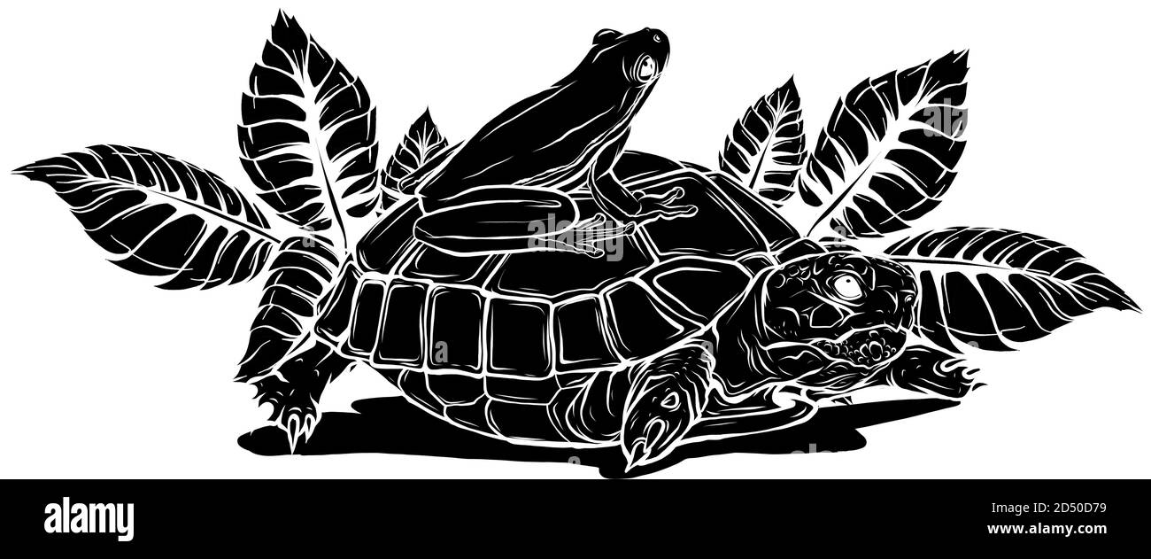 black silhouette Cartoon turtle posing on leaves stump vector Stock ...