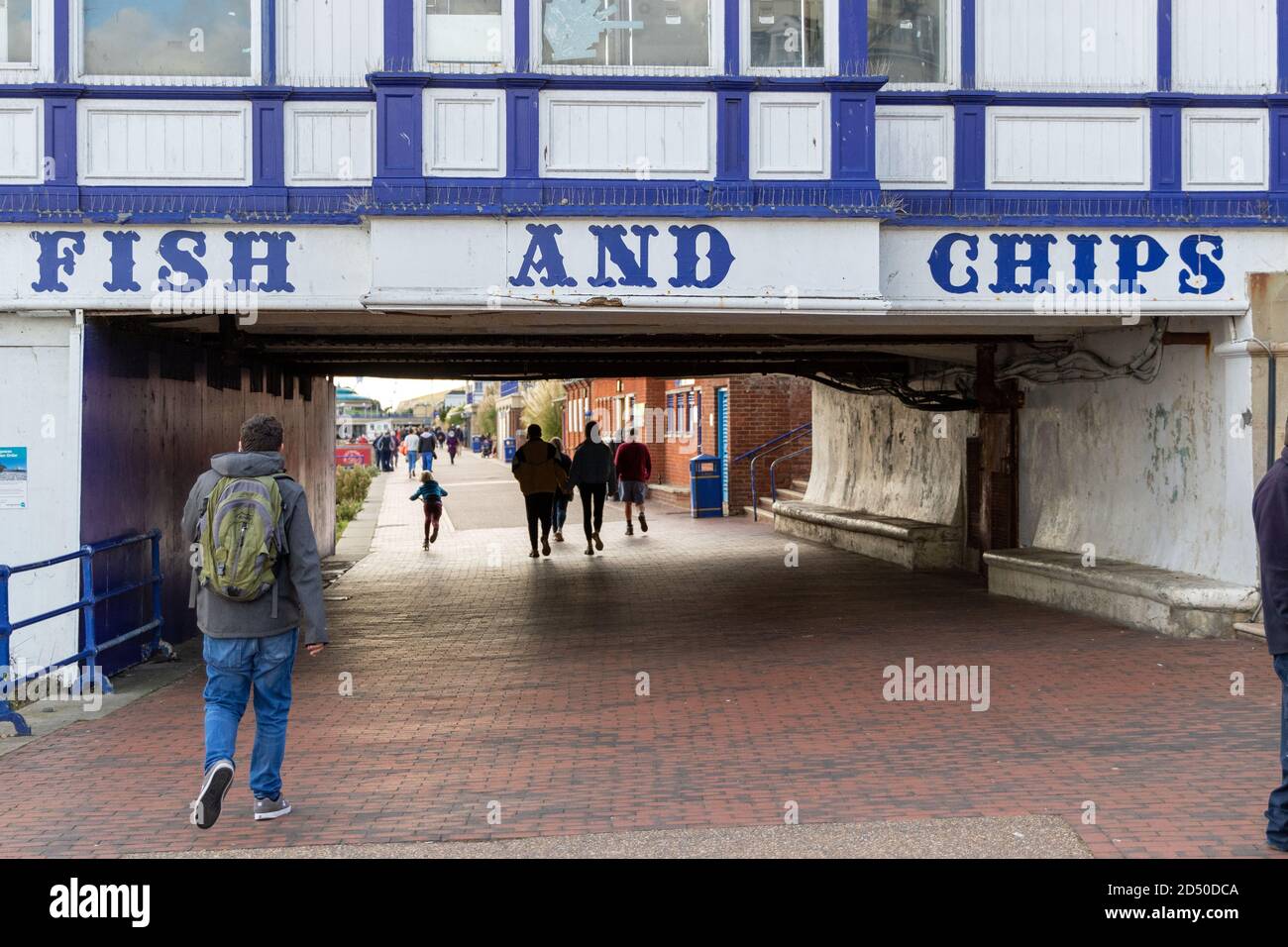 Fish and Chips sign on Eastbourne pier, Eastbourne, UK. 11th October