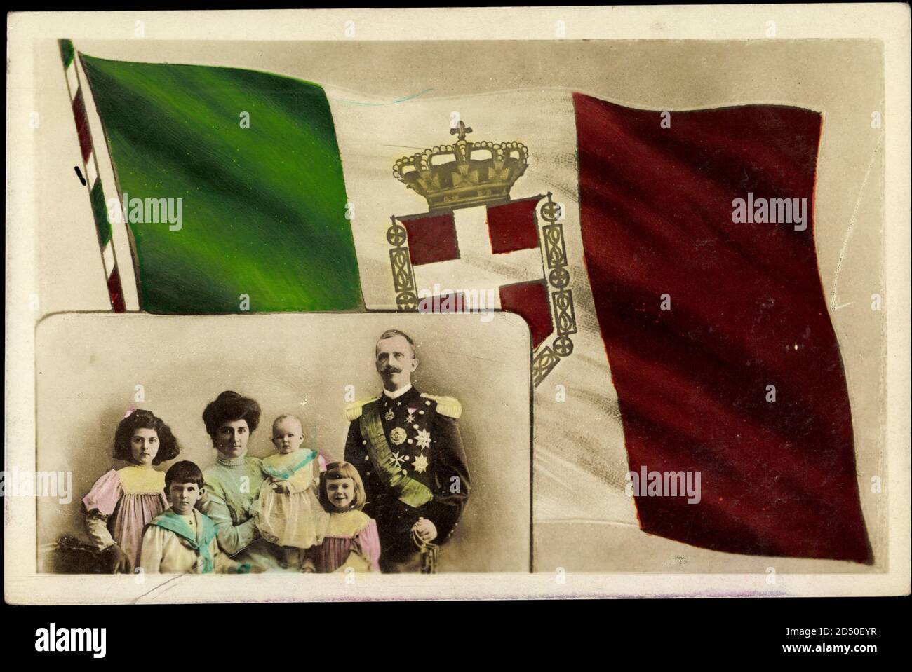 Italienischer König Vittorio Emanuele III mit seiner Familie, Fahne | usage worldwide Stock Photo