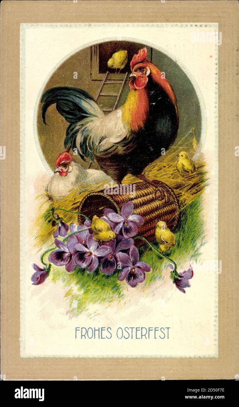 Passepartout Frohes Osterfest, zwei Hühner und ein Küken, Flieder | usage worldwide Stock Photo