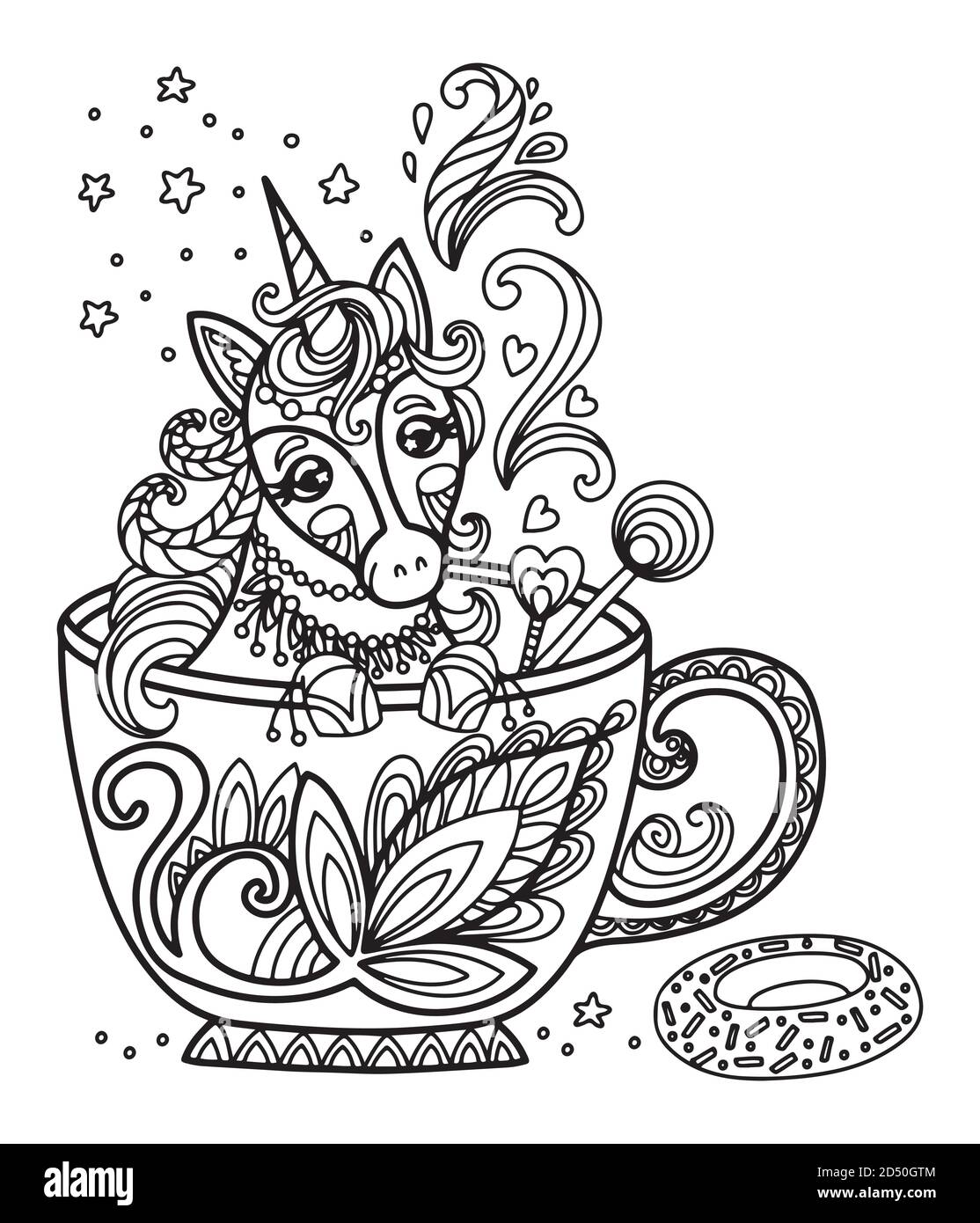 Download Kawaii Cute Unicorn In A Cup Coloring Stock Vector Image Art Alamy