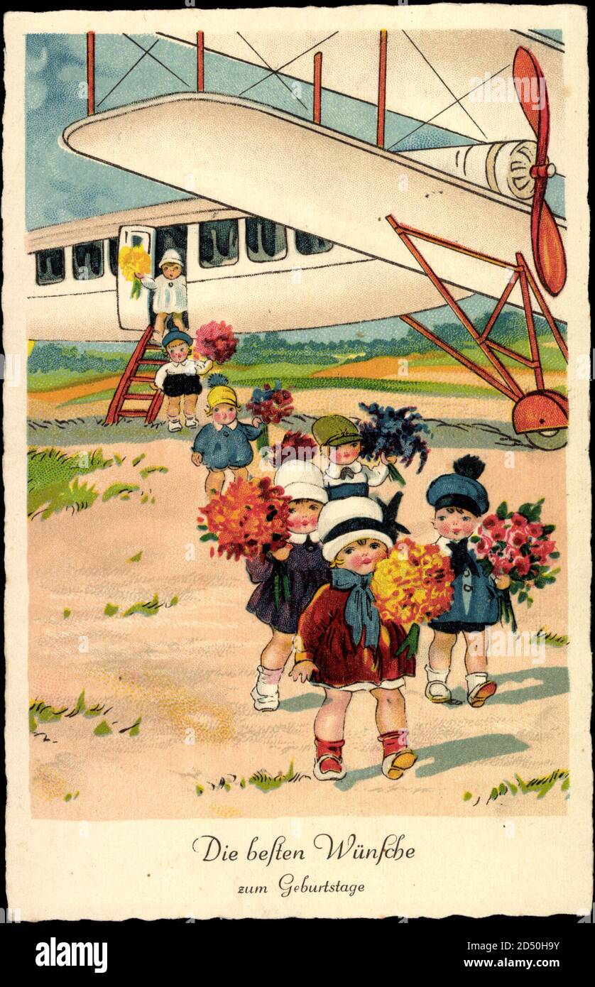 Geburtstag Glückwunsch, Flugzeug, Kinder, Blumen usage worldwide