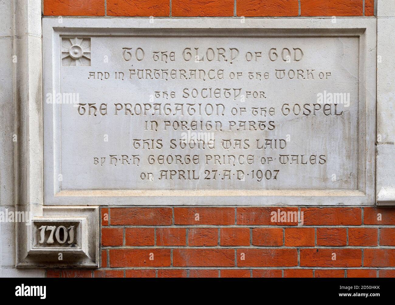 London, England, UK. Society for the Propagation of the Gospel in Foreign Parts, Tufton Street. Plaque by the entrance Stock Photo