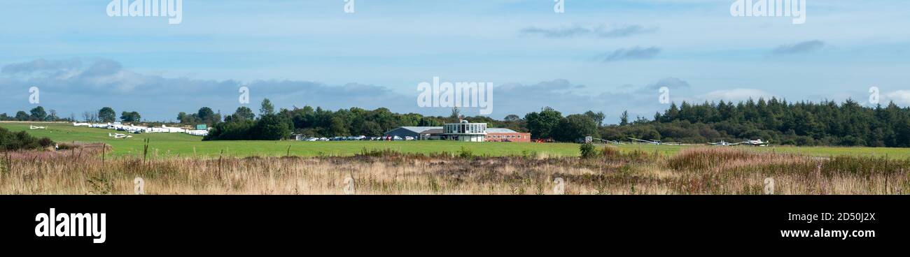 Panoramic view of the grass airfield of the Yorkshire Gliding Club at Sutton Bank in the North York Moors Stock Photo