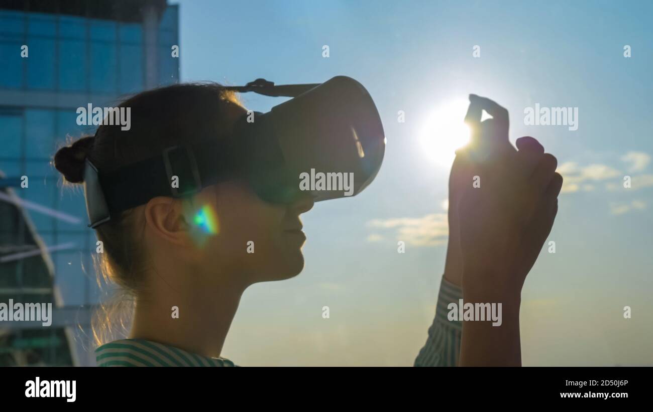 VR, sightseeing, discover, technology concept. Woman using virtual