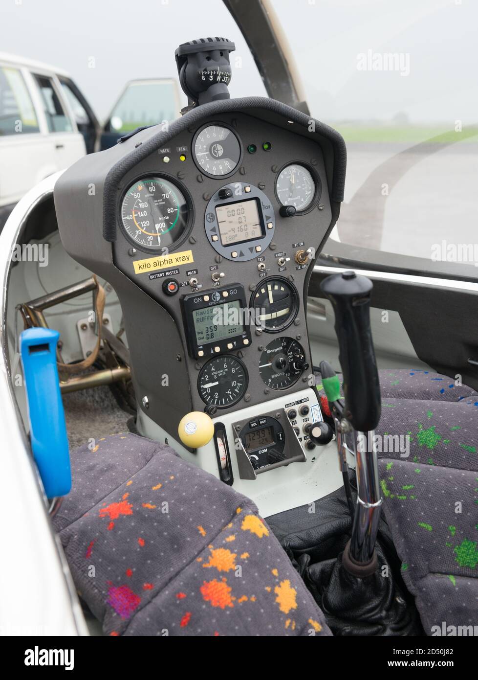 View inside the cockpit showing the controls and instruments  of a glider Stock Photo