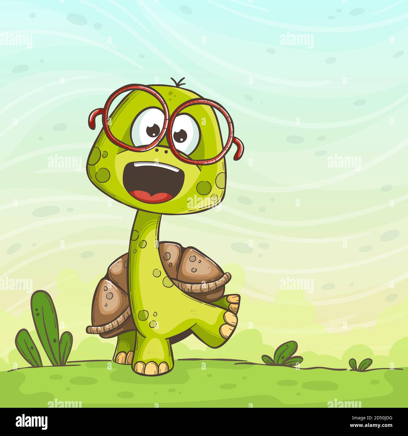 Cute turtle with glasses. Hand drawn vector illustration with separate layers. Stock Vector