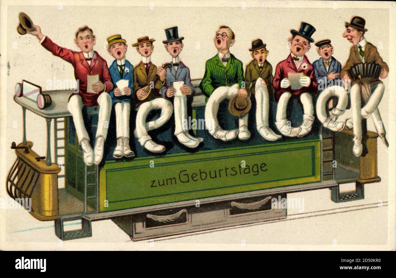 Buchstaben Viel Glück zum Geburtstag, Eisenbahn, Männer, Füße, Sänger