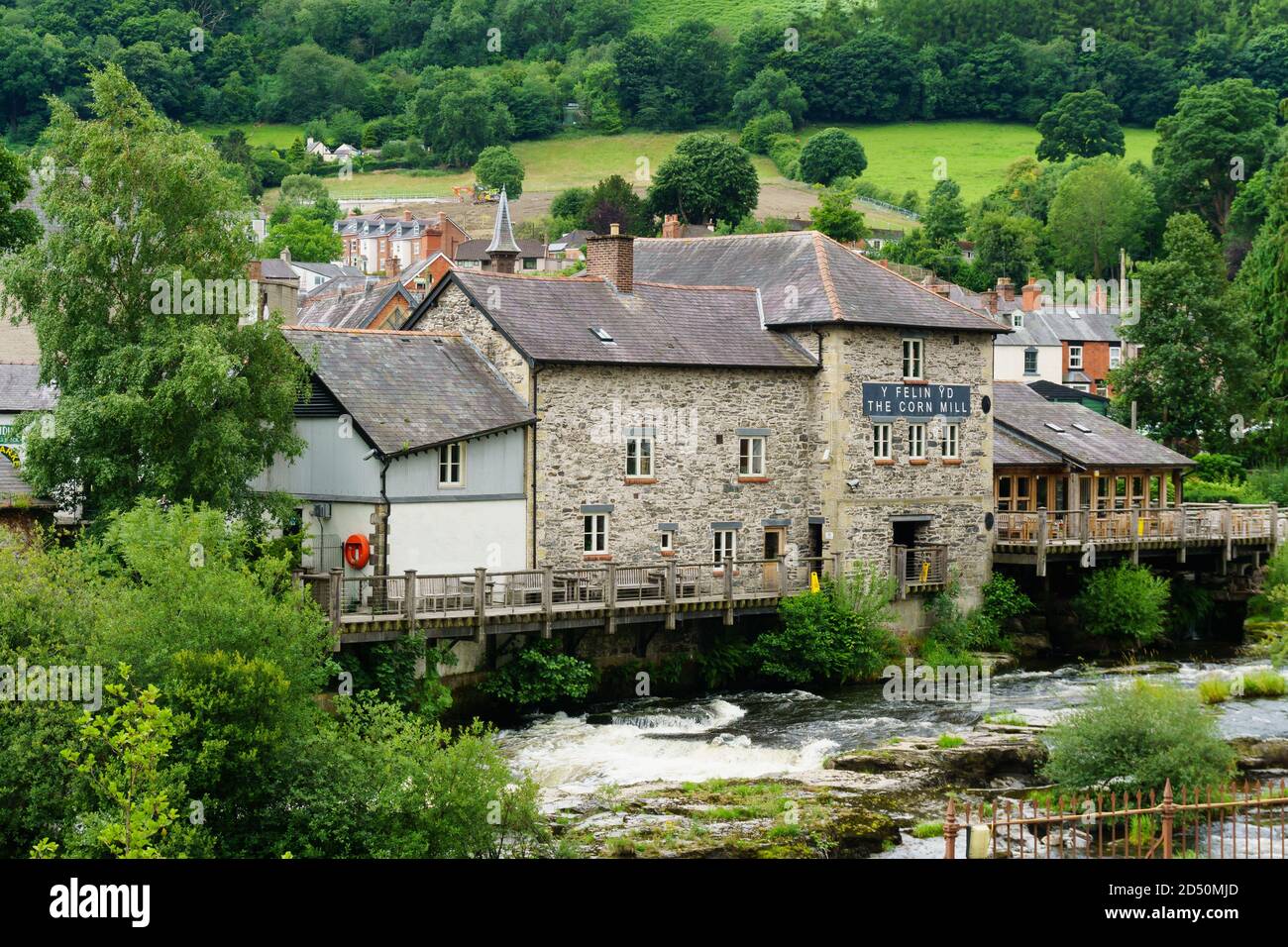 The Corn Mill a waterside pub and restaurant next to the Dee bridge in Llangollen North Wales on the banks of the River Dee Stock Photo