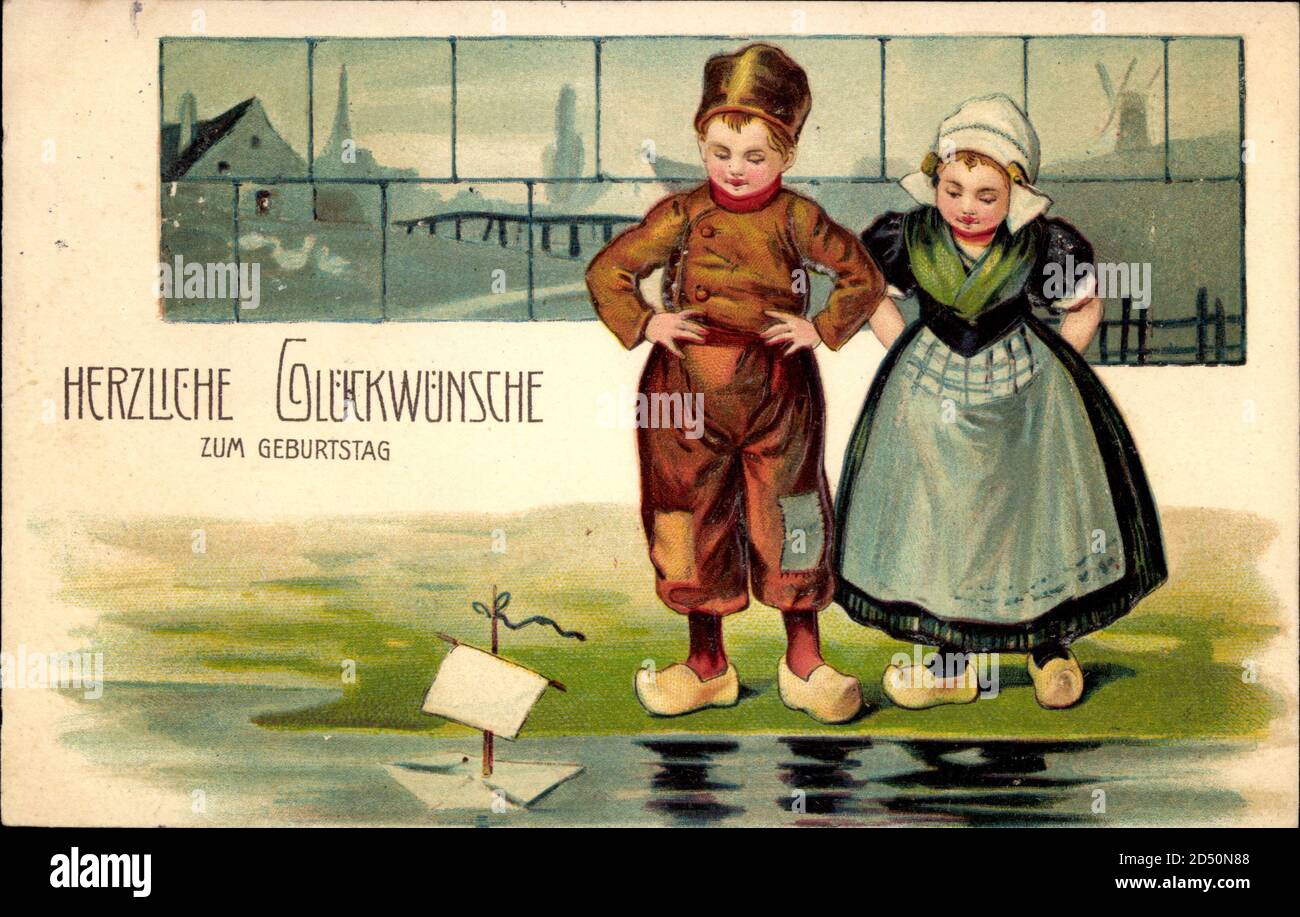 Glückwunsch Geburtstag, Kinder in Trachten, Spielzeugboot usage