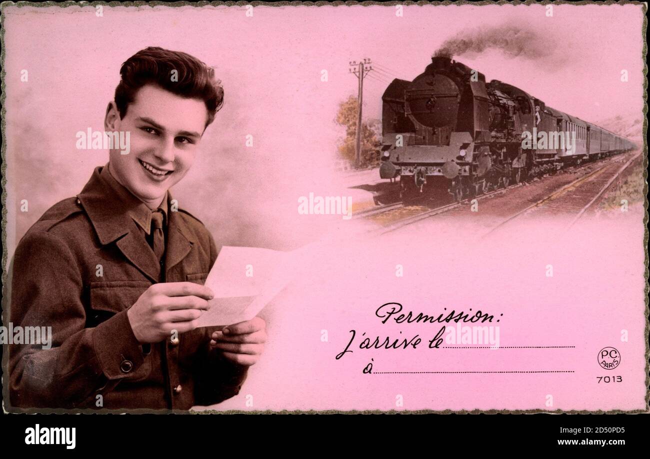 Frankreich, Dampflokomotive, Junge mit Brief in der Hand | usage worldwide Stock Photo
