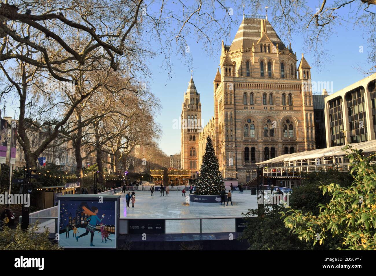 Natural History Museum ice rink in winter, London, UK Stock Photo