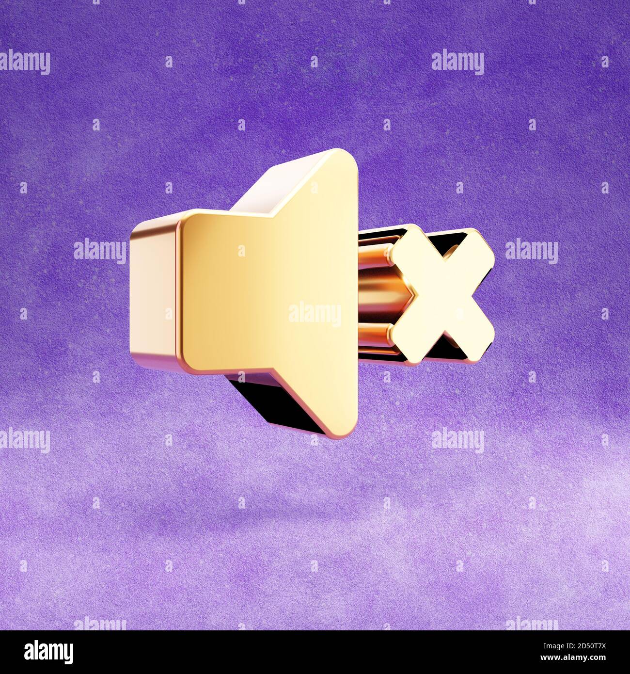 Mute icon. Gold glossy Mute symbol isolated on violet velvet background ...
