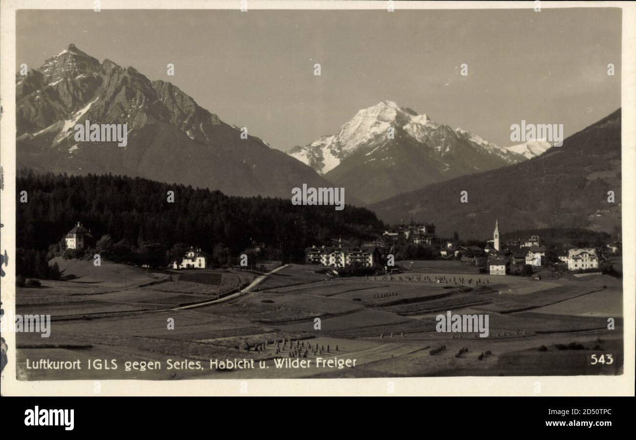 Igls Innsbruck Tirol, Totalansicht der Stadt, Serles, Habicht, Wilder Freiger | usage worldwide Stock Photo