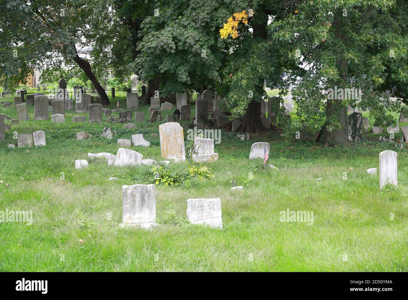 Markers that have weathered elements and time in the graveyard at the Reformed Church in the historic Port Richmond section of Staten Island, N,Y. Stock Photo