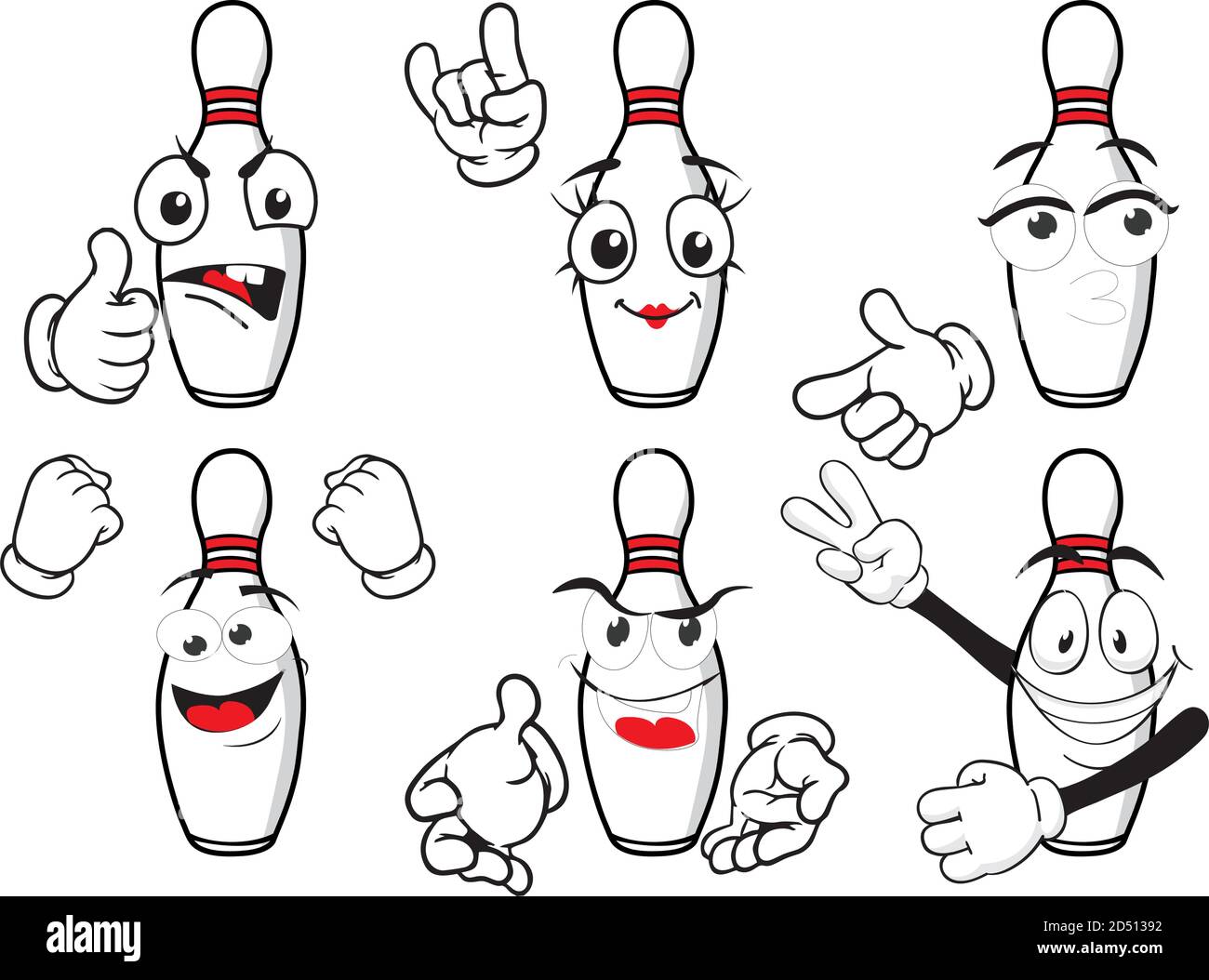 A vector set of bowling pins to play in different situations. Drawing ...