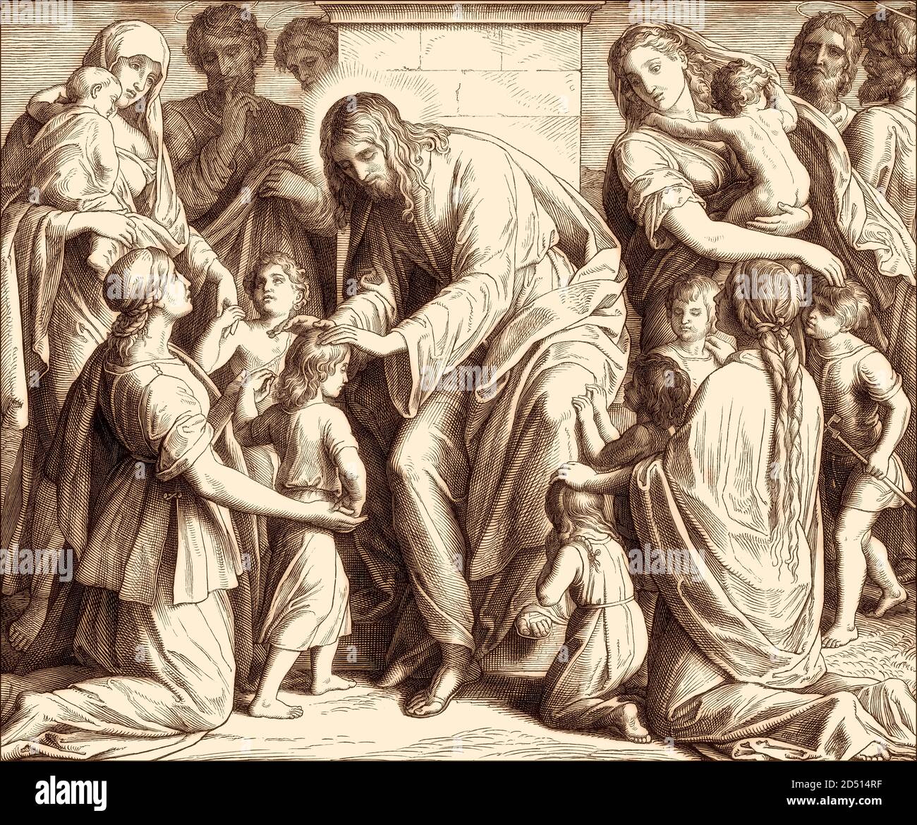 Jesus' teachings referring to little children, New Testament, by Julius Schnorr von Carolsfeld, 1860 Stock Photo