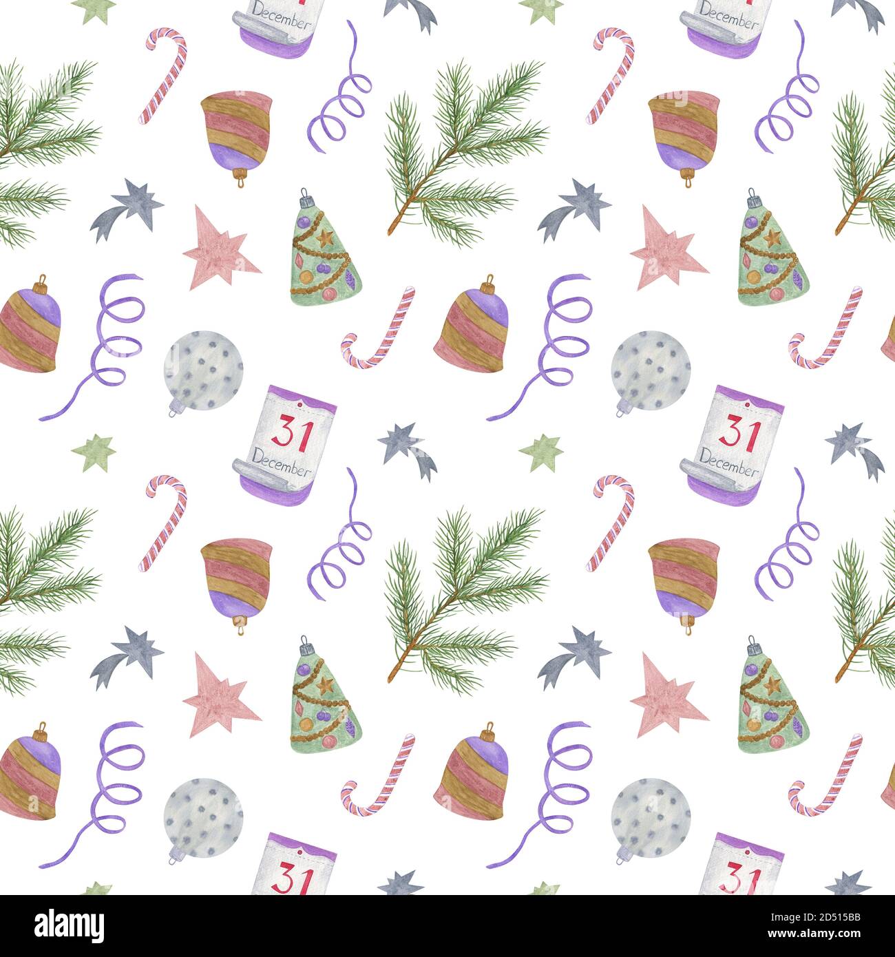 Christmas tree decorations repeat watercolor pattern calendar, fir tree branch, stars, candy cane on white background festive mood pattern for greeting card, banner, winter holiday celebration design Stock Photo