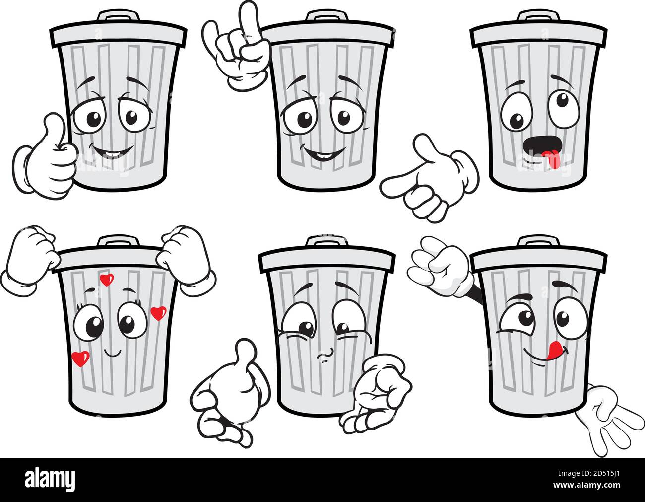 A vector set of drawing trash cans in different situations. Drawing mascots. Stock Vector