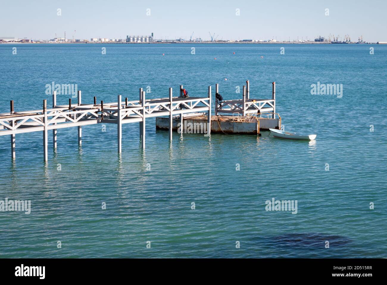 Construction of the pier. Kazakhstan. Aktau city. 10 October 2019 year. Work without protective equipment. Stock Photo