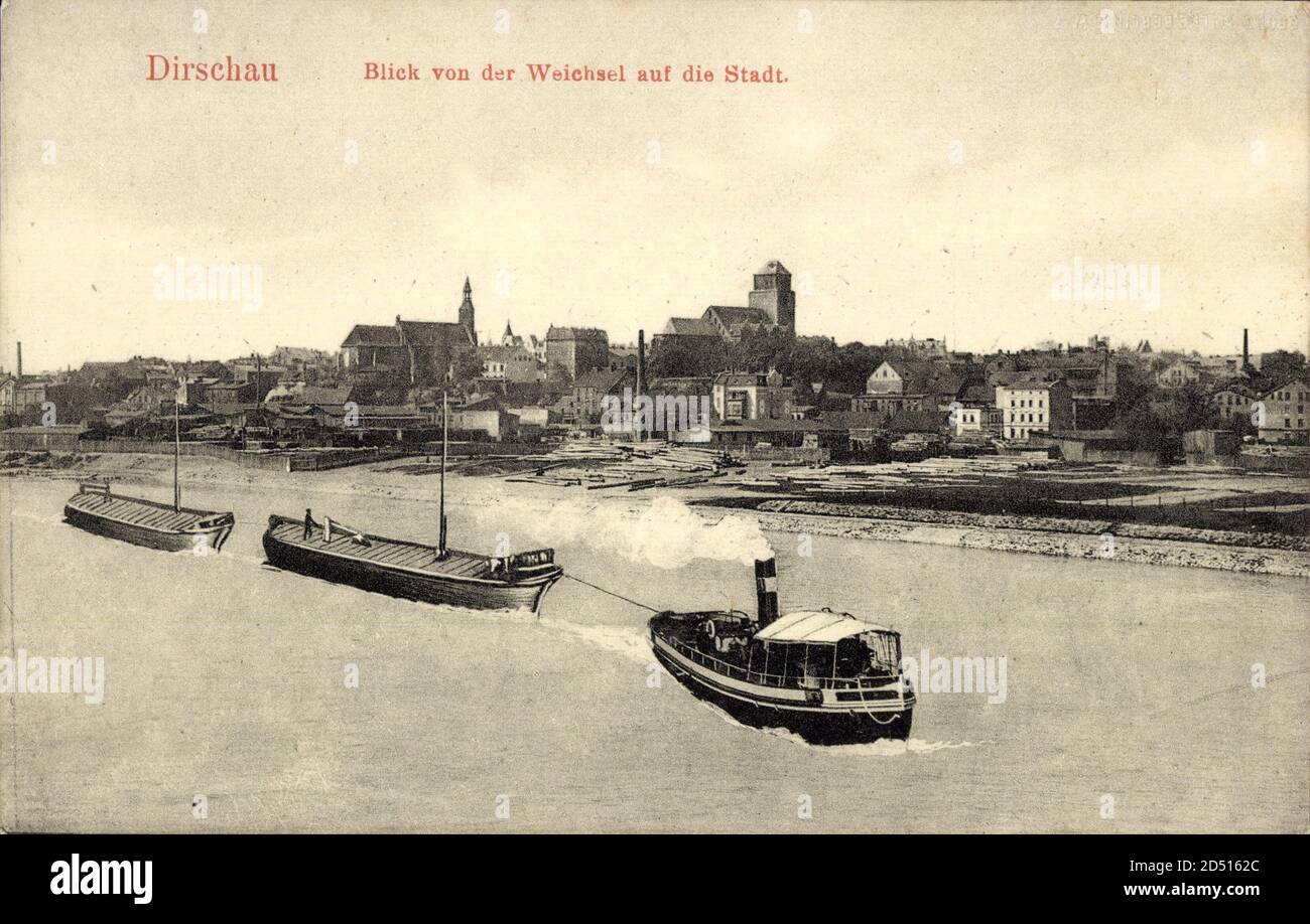 Tczew Dirschau Pommern, Blick von der Weichsel auf die Stadt, Boote | usage worldwide Stock Photo