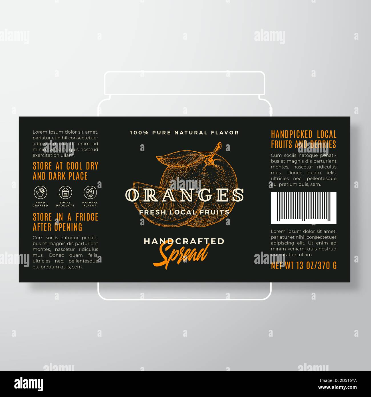 Handcrafted Fruit Spread or Jam Label Template. Abstract Vector Packaging Design Layout. Modern Typography Banner with Hand Drawn Orange with a Slice Stock Vector