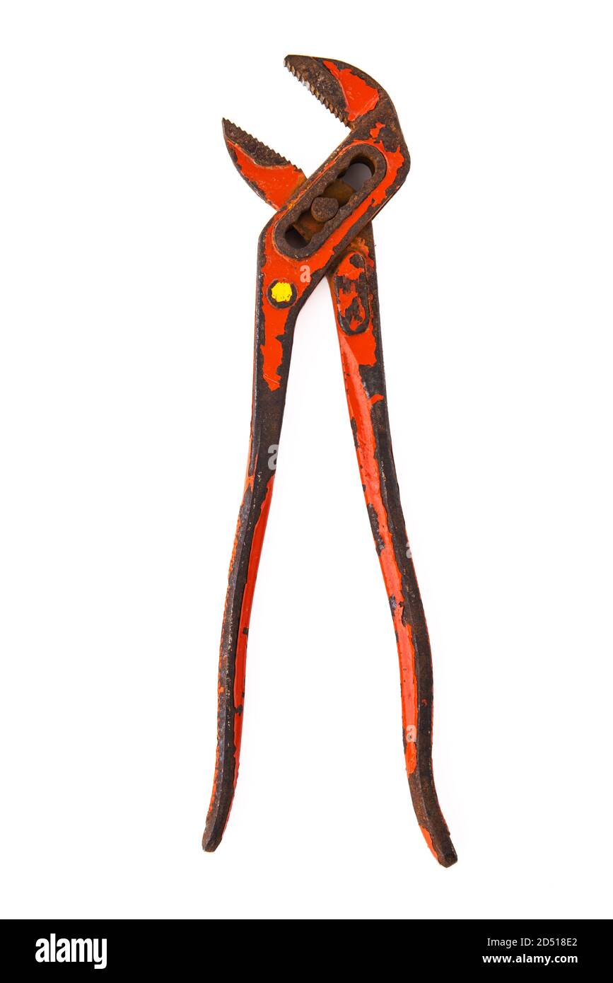 Pipe Wrench, old spanner isolated on white background Stock Photo
