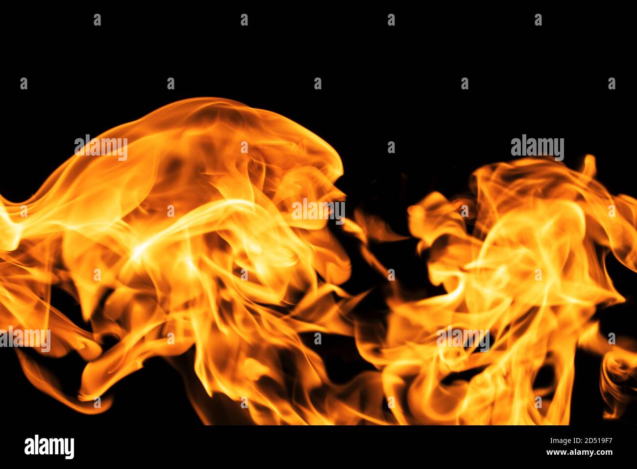 Fire flames on black background isolated. Burning gas or gasoline burns