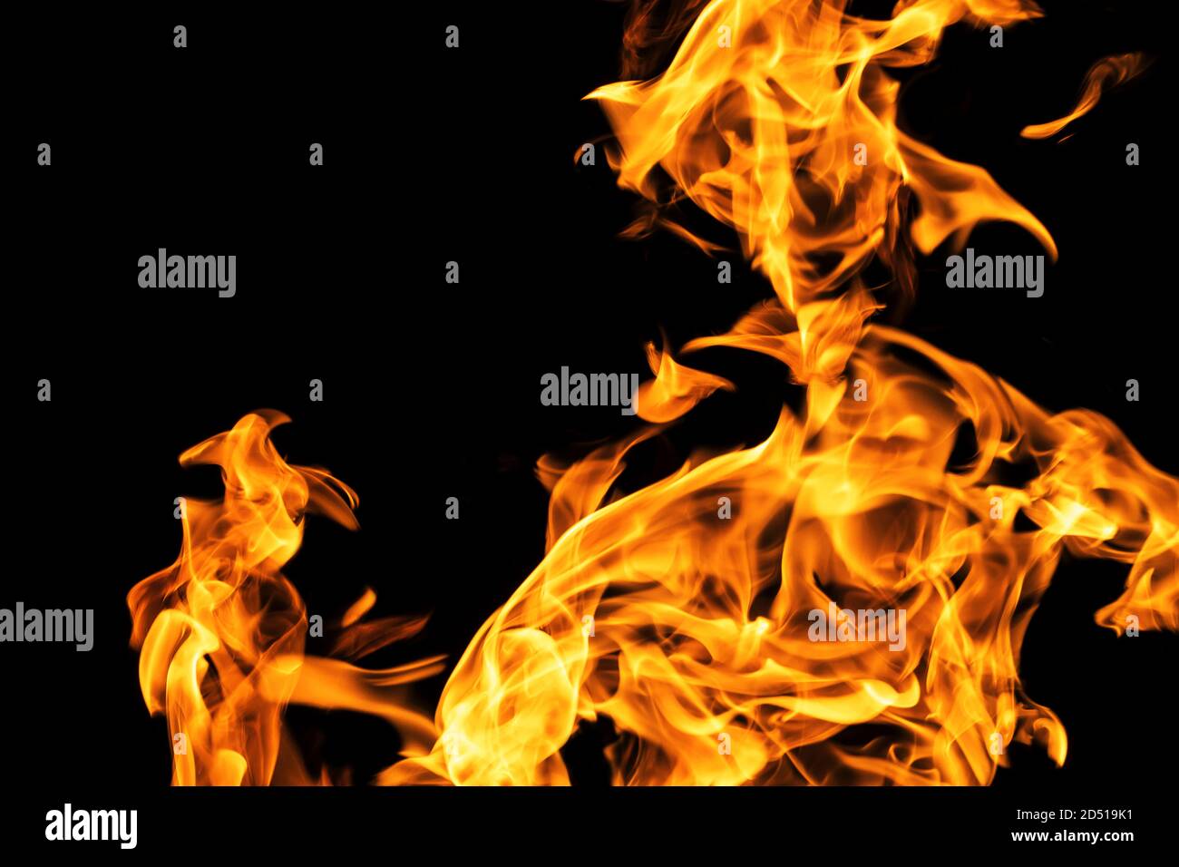 Fire flames on black background isolated. Burning gas or gasoline burns