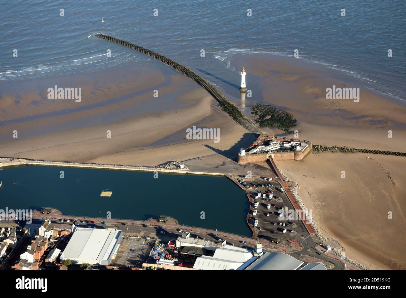 aerial view of New Brighton Lighthouse, Marine Lake and Perch Rock Car Park, Wallasey, Merseyside Stock Photo