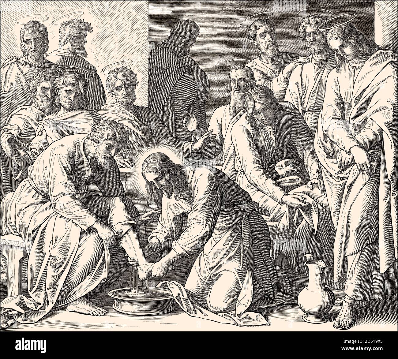 Jesus Washes the Disciples' Feet, New Testament, by Julius Schnorr von Carolsfeld, 1860 Stock Photo