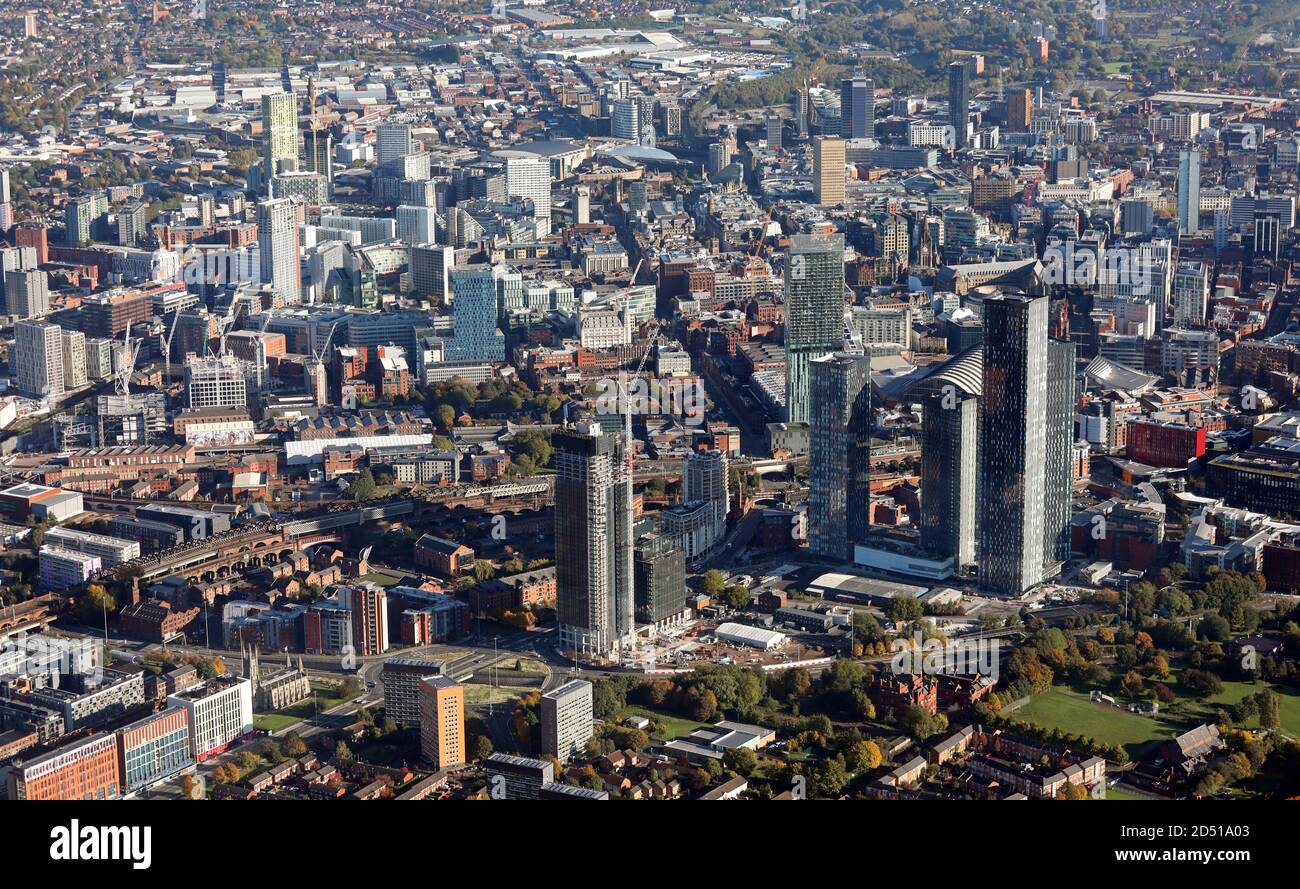New! Aerial view of Manchester skyline from the south west showing the new Deansgate Square & Northpoint Developments skyscrapers. Taken October 2020. Stock Photo